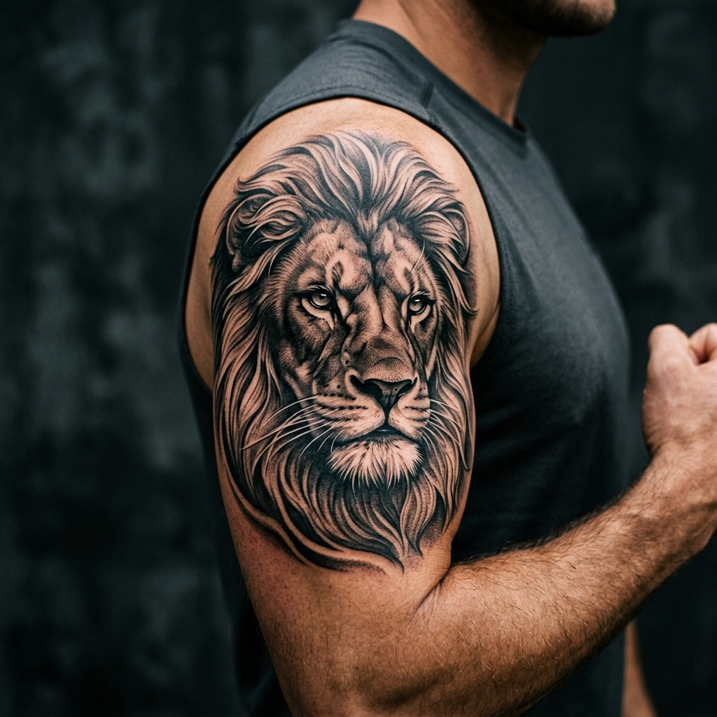 3D photo-realistic lion head tattoo sleeve