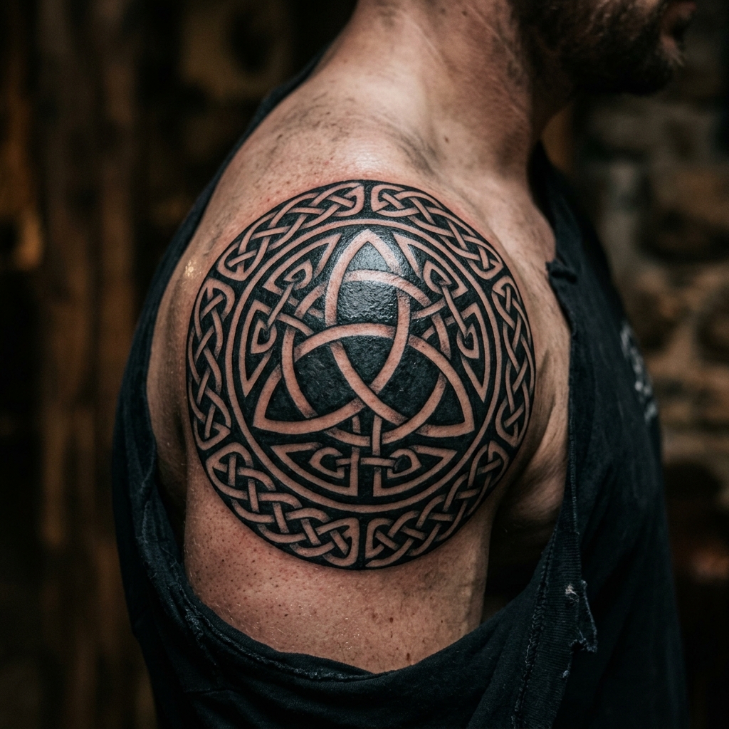Intricate Celtic knot shoulder tattoo