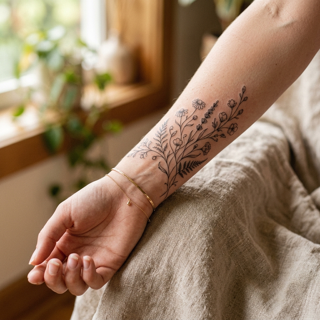 Delicate fine-line wildflower wrist tattoo